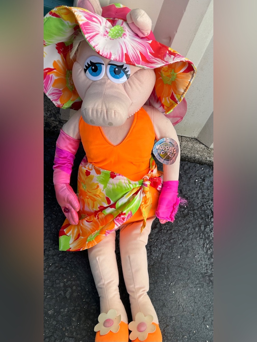 vintage Nanco "Tropical" Miss Piggy plush doll wearing an orange swimsuit, match